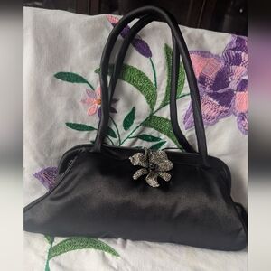 Elegant Black Satin Handbag with letty Rhinestone Accent